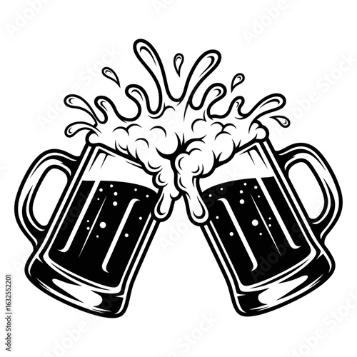 Two beer mugs clinking with foaming beer splash black and white illustration
