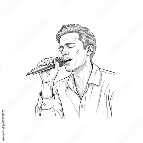 (Singer Performing with Microphone. Expressive male vocalist delivering a soulful melody. This monochrome artwork captures deep artistic passion.)