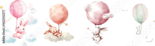 The scene of a baby rabbit with a balloon, clouds, and stars is beautifully captured in a watercolor illustration