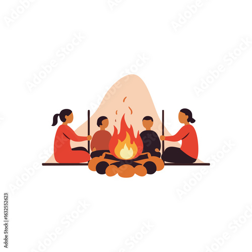 (Cozy Fireside Gathering. An illustration depicts a loving group enjoying an evening around a blazing bonfire outdoors. This scene symbolizes warmth, togetherness, and shared memorable moments under.)