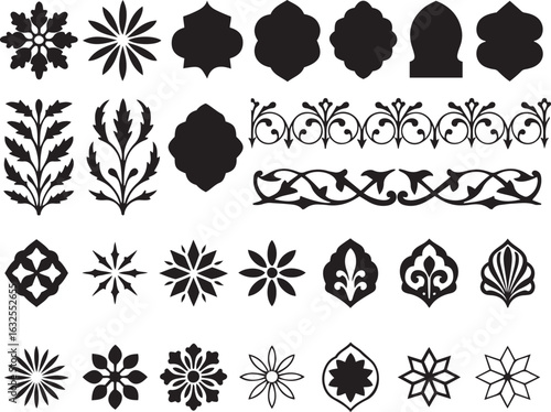 Set of Turkish tile and border patterns silhouette black and white vector art, turkish motifs, black decoration
