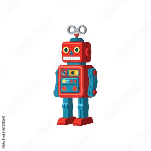 (Classic Red Blue Robot Toy. This delightful automated plaything with its winding key evokes bygone eras of simple joy and ingenuity. Vivid colors pop on the dark backdrop.)