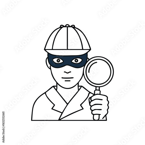 (Mystery Solver with Magnifying Glass. Abstract emblem of a vigilant investigator, clad in a hat and eye mask, examining clues with an instrument. Represents inquiry, secrecy, and problem solving.)