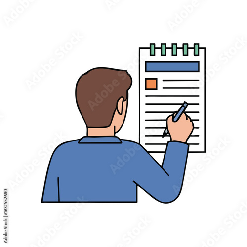 (Person Writing on Notepad Illustration. Back view of an individual holding a pen, diligently jotting notes in a spiral bound journal, symbolizing learning and thoughtful planning.)