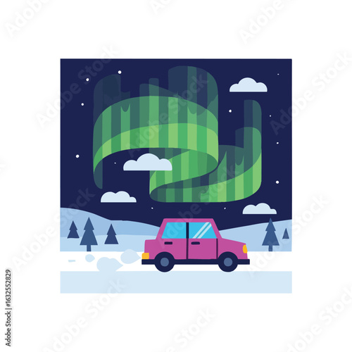 (Arctic Journey Under Aurora. Vibrant illustration of a vehicle cruising through a snowy landscape under the magnificent spectacle of the Northern Lights. Represents a captivating winter adventure.)