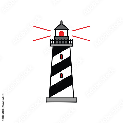 (Coastal Lighthouse Beam at Night. A striking black and white striped beacon casts a radiant red ray, representing hope and protection on ocean journeys.)