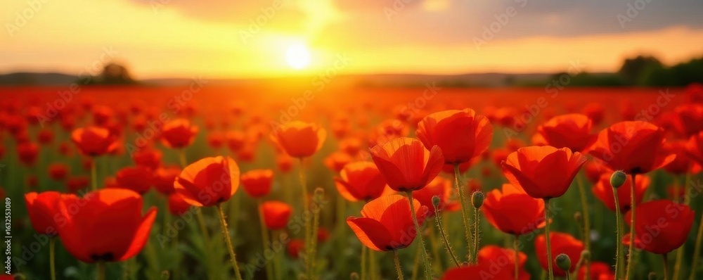 Fototapeta premium Vibrant red poppies ablaze in a golden sunset field , detail, warm