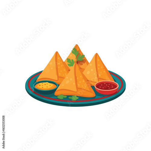 (Delicious Indian Samosas with Sauces. Crispy golden fried savory pastries, a beloved culinary delight from South Asia, served with zesty dipping condiments. Represents warmth and deliciousness.)