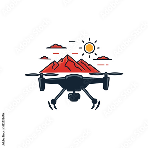 (Drone Soaring Over Mountain Peaks. An uncrewed aerial vehicle navigates a vibrant highland scene. This graphic depicts adventure, discovery, and the synergy of technology with nature's grandeur.)