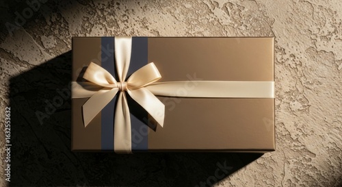Elegant gold gift box with satin ribbon bow, perfect for luxury celebrations and special occasions.