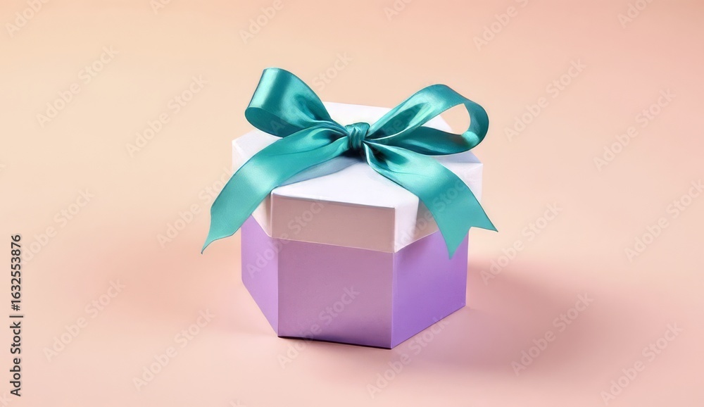 Obraz premium Elegant hexagon gift box adorned with a luxurious teal satin bow, perfect for celebrations