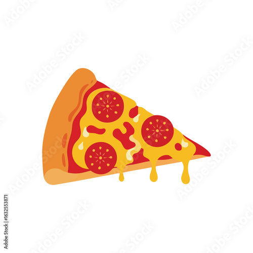 (Cheesy Pizza Slice with Melted Toppings. Appetizing wedge of Italian flatbread with rich flowing cheese and savory tomato garnishes on a dark background. Perfect for cravings.)