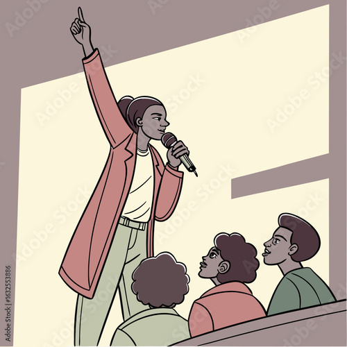 Inspiring Orator: A determined woman, commanding attention with a microphone in hand, speaks to an engaged audience. The scene captures leadership, effective communication.