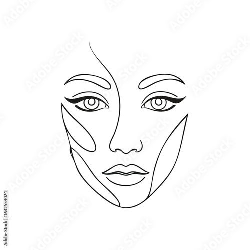 (Minimalist Woman Face Art. An elegant graphic depiction of a female visage in striking black and white tones. This abstract illustration evokes allure and grace, hinting at hidden depth.)