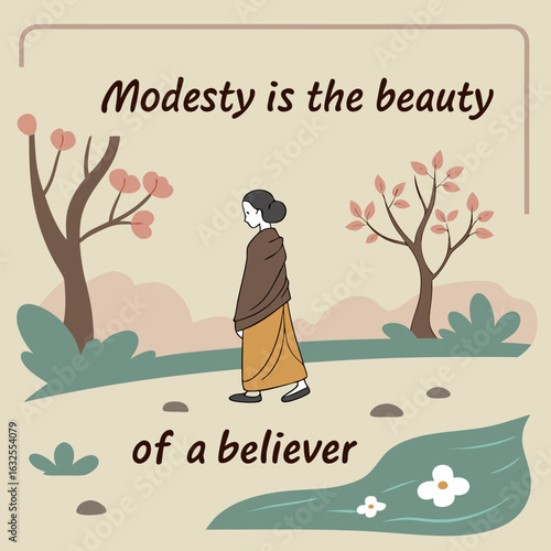 Modesty in Faith: A serene illustration of a modest individual in traditional attire, embodying inner peace and faith, walking amidst serene natural elements