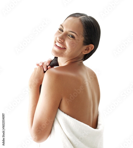 Latin woman spa wearing bath towel after shower isolated on transparent layered background.