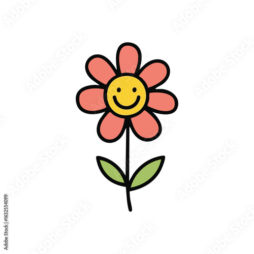 (Happy Cartoon Flower Illustration. This whimsical floral design features a delightful smiley face, radiating positivity and lightheartedness. A vibrant, cheerful emblem of joy and simplicity.)