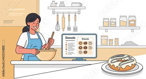 Woman Mixing Dough While Looking At Donut Recipe Online