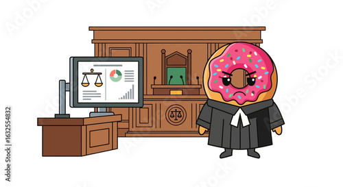 Grumpy Donut Judge In Robe In A Courtroom Cartoon Illustration