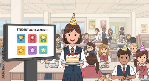 School Celebration For Students Achievements With Birthday Cake Cartoon Style
