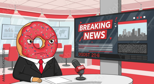 Breaking Donut News Funny Cartoon Anchor in a News Studio
