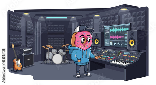 Funny Donut Cartoon Character Creating Music In Professional Sound Studio
