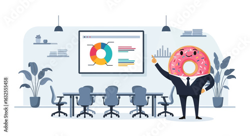 Cheerful Donut Headed Character Presenting Business Data In Meeting Room