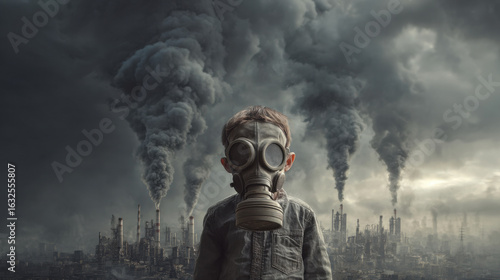 Boy in gas mask standing in front of smoke-filled industrial cityscape