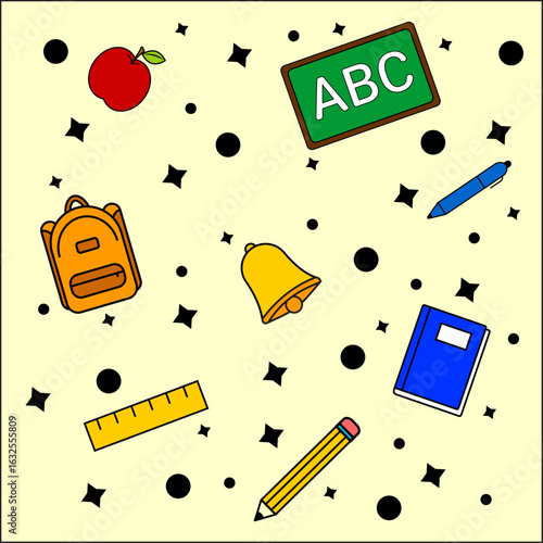 Seamless School Supplies Pattern, Square Vector Background for Education and Kids Projects