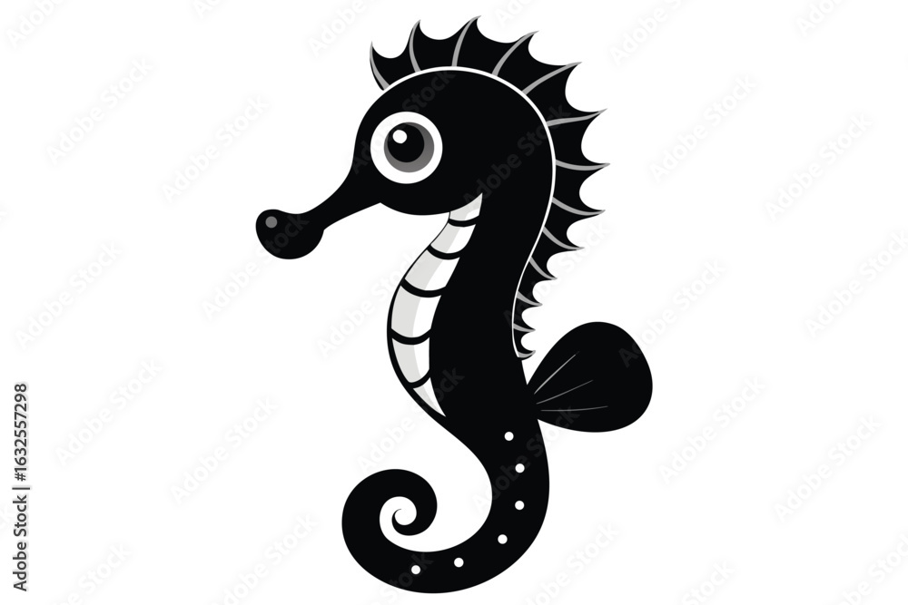 Fototapeta premium Black Seahorse Cartoon Illustration, Cute Sea Animal, Sea Creature,White Background