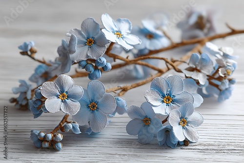 Delicate, light blue forget-me-nots scattered across a whitewashed wooden background, evoking a sense of purity and freshness.