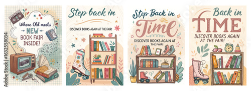 Set of four retro book fair posters with vintage televisions and roller skates inviting nostalgia