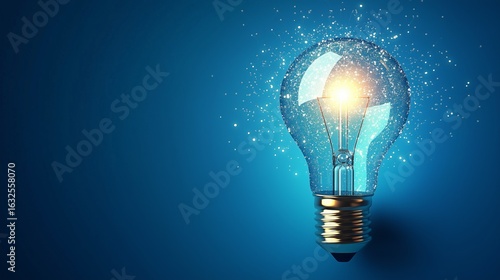 Innovative Lightbulb made of Glowing Particles on a Blue Background