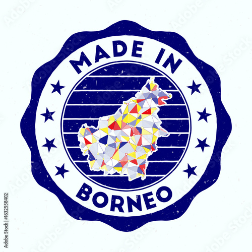 Made In Borneo. Island round stamp. Seal of Borneo with border shape. Vintage badge with circular text and stars. Vector illustration.