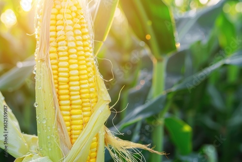 Close-up view of ripe corn on the cob in a sunlit cornfield during the late afternoon harvest season