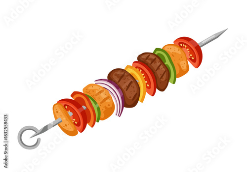 Grilled Meat and Vegetable Skewer with Tomato Onion and Bell Pepper.