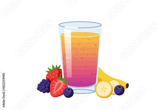 Delicious layered berry and banana smoothie in a glass.