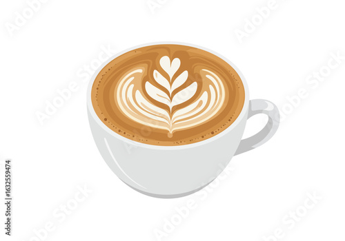 Latte Art in a White Cup: Coffee with Leaf Design.