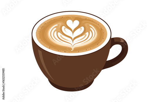 Brown Cup of Latte with Exquisite Leaf and Heart Latte Art.