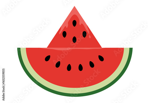 Juicy Watermelon Slice Illustration: Red flesh black seeds green rind.