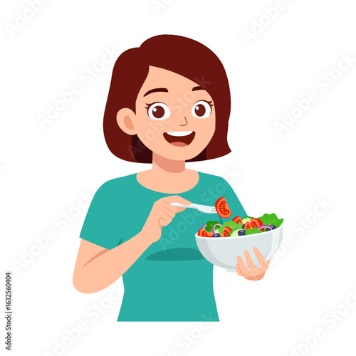 Happy young woman eating healthy salad from bowl with fork, smiling with joyful expression