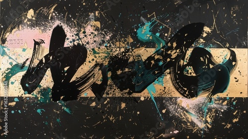 Abstract expressionist artwork with bold black brushstrokes and vibrant splashes on gold background