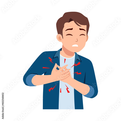 Man clutching his chest with a pained expression, experiencing chest pain, possible heart attack