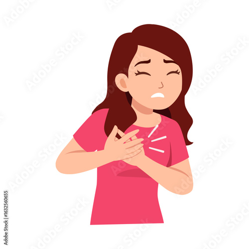 Young woman having chest pain holding her chest with her hands in cartoon style