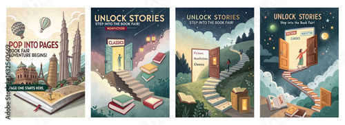 Set of four posters featuring book fair illustrations with magical doorways and imaginative journeys