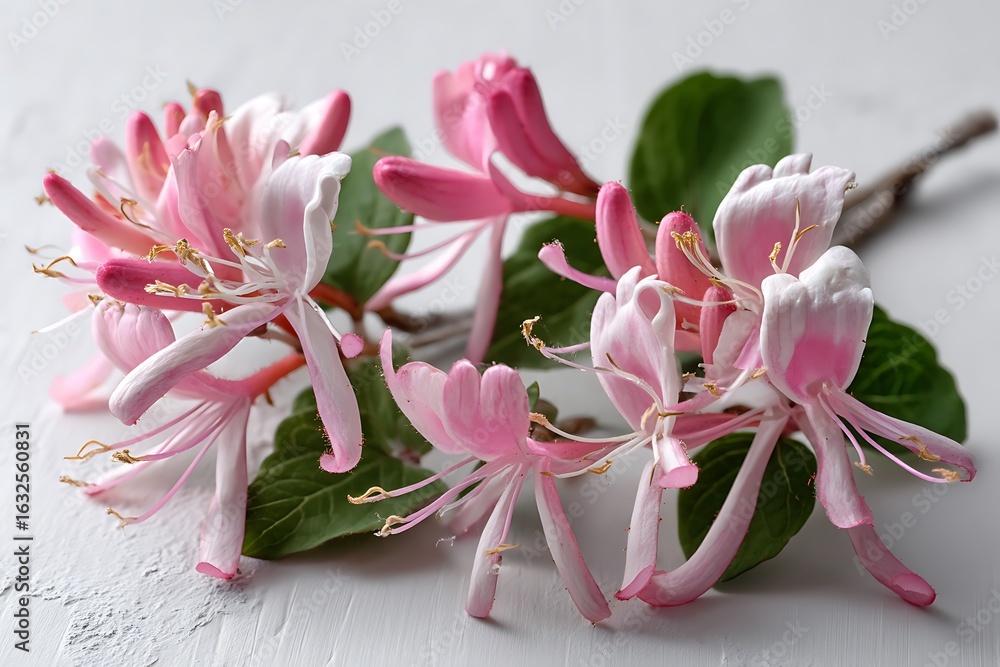 Fototapeta premium Delicate pink honeysuckle blossoms arranged on a white wooden background, perfect for springtime.