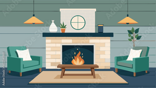 A living room with a shiplap accent wall and a cozy rustic fireplace.