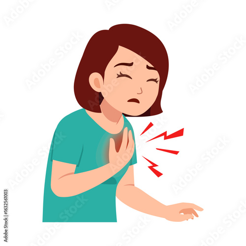 Sad Asian Woman Clutching Chest in Pain, Experiencing Heart Attack Symptoms, Cartoon Style