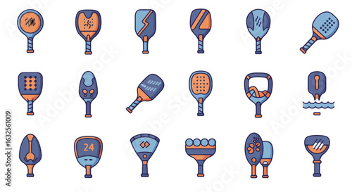 Collection of modern paddle designs for sports concepts, fitness, and leisure activities, ideal for racquetball, ping pong, tennis and water sports promotions