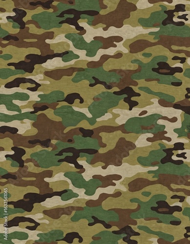 Wallpaper Mural Camouflage pattern dominates green, brown, black shades on canvas. Square fabric with textured, overlapping design. Gray background highlights intricate details, geometric precision. Torontodigital.ca